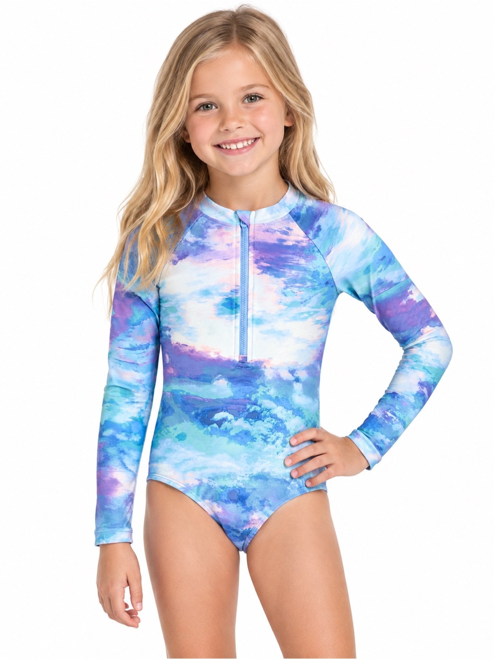 Long Sleeve One-Piece Rash Guard Swimsuit in Blue & Purple